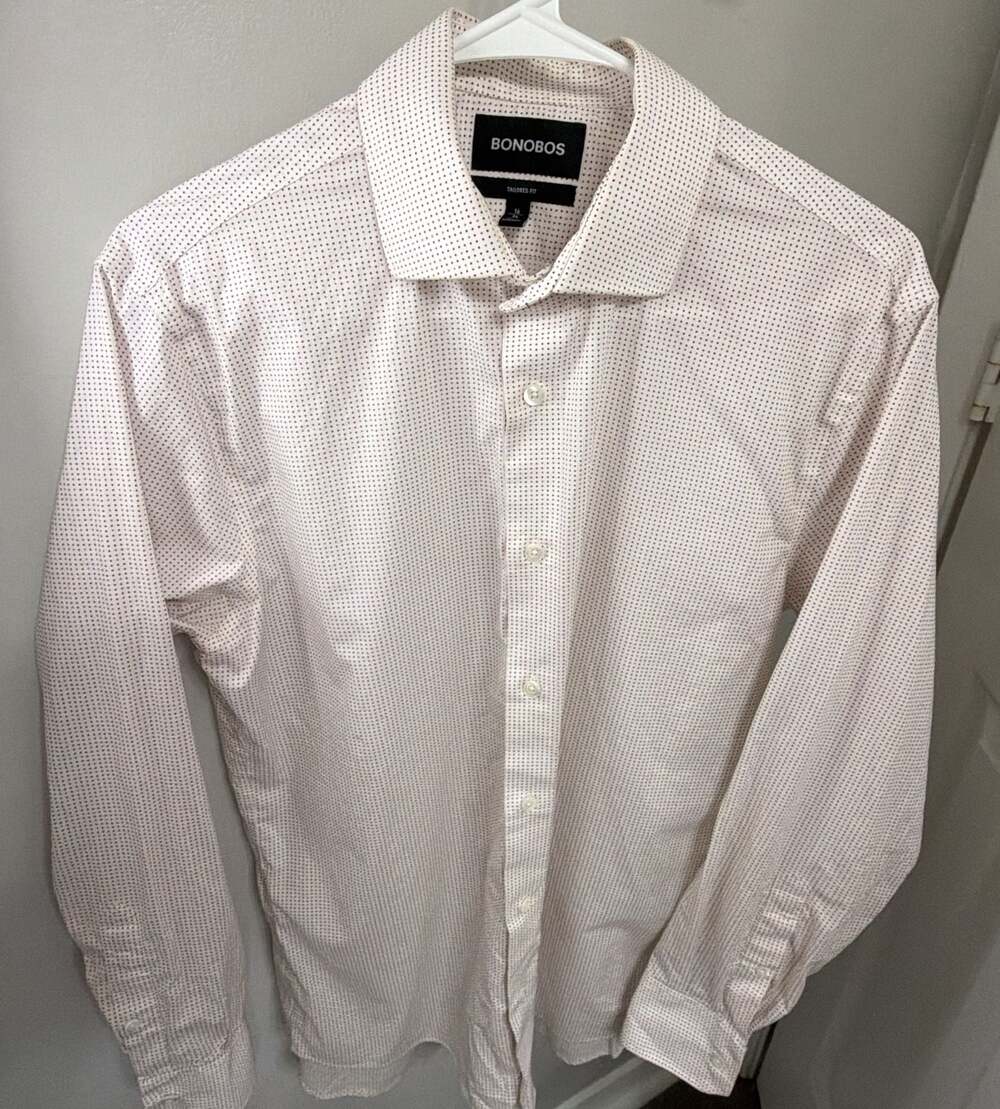 Bonobos Mens Large 16 34 Tailored Fit White Micro Dot Long Sleeve Dress Shirt